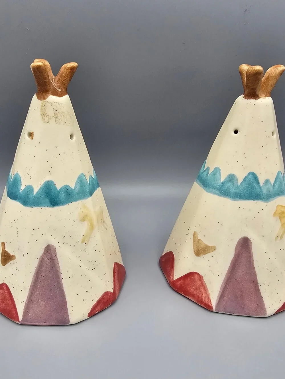 Pair of Vintage Hand-Painted Ceramic Teepee Salt and Pepper Shakers